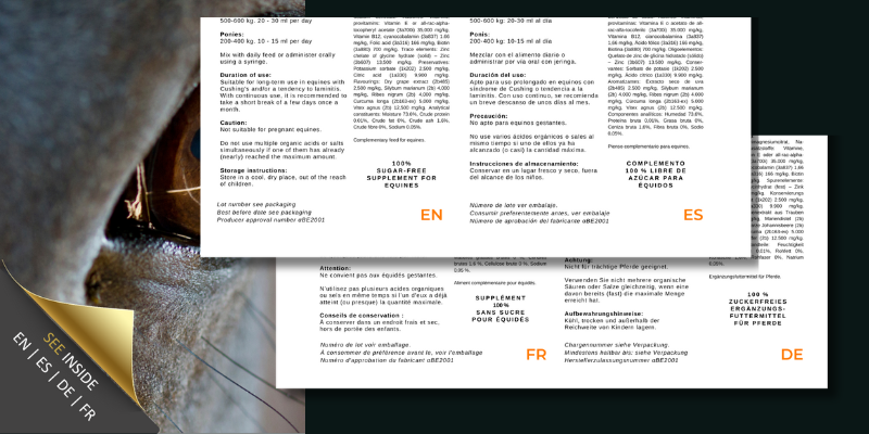 Flesjes CL20 en B30 met open duolabel, informatie over paarden supplementen in Engels, Spaans, Duits en Frans
